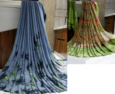 HouseOfCommon Floral Print Bollywood Georgette Saree(Pack of 2, Grey)