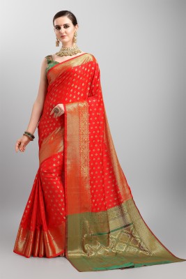 Ethnic Junction Embellished Banarasi Silk Blend Saree(Red)