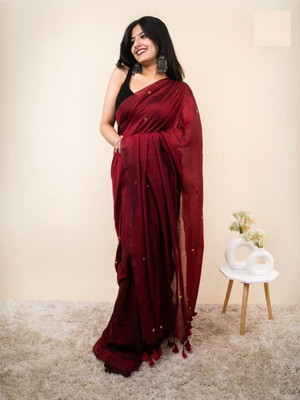 SP Boutique Embellished Handloom Cotton Blend Saree(Maroon)