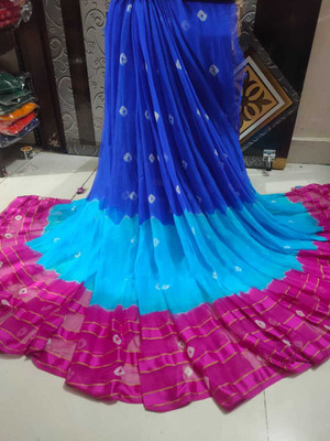 Neelkanth Ent Printed, Self Design, Graphic Print, Striped, Checkered Handloom Chiffon Saree(Blue)