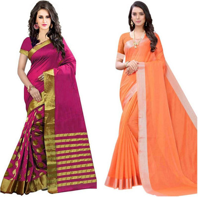 Bhagwati Creation Solid/Plain, Self Design, Striped, Printed Maheshwari Cotton Silk Saree(Pack of 2, Pink, Orange)