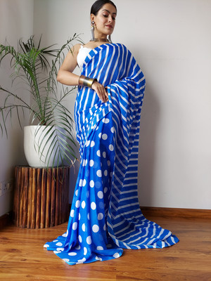 Moda Rapido Polka Print, Striped Bollywood Georgette Saree(Blue)