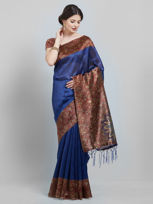 Divastri Printed Kalamkari Silk Blend Saree(Blue)