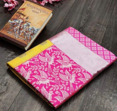 Umaa Woven Banarasi Cotton Silk Saree(Pink, Multicolor)