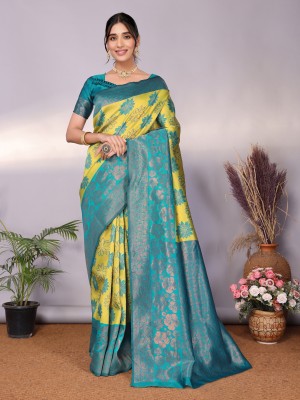 AVANTIKA FASHION Woven Kanjivaram Pure Silk, Art Silk Saree(Light Green, Light Blue)