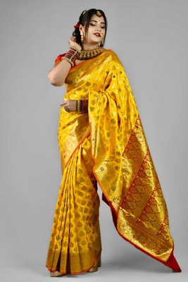 LYANNA Woven, Embellished Banarasi Handloom Satin Saree(Gold)