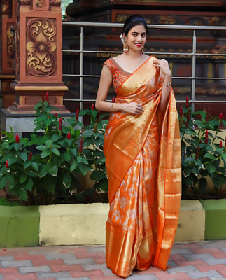 REENAA'S Floral Print, Woven Banarasi Art Silk Saree(Orange, Gold)