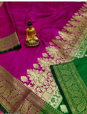 NAZABSAREES Woven Banarasi Handloom Satin Saree(Magenta)