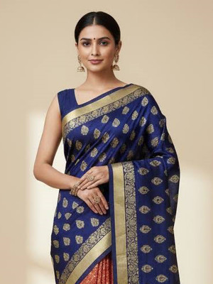 Anugrah Textile Printed Banarasi Lycra Blend, Chiffon Saree(Blue, Red)
