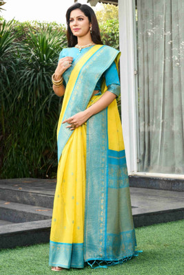 ROOP LAVANYA Woven Kanjivaram Pure Silk Saree(Yellow, Blue)