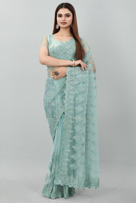 JSItaliya Embellished Bollywood Net Saree(Dark Green)