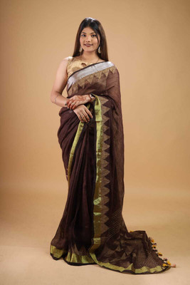 Keemti Woven Handloom Linen Saree(Brown)