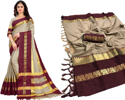 quality ent Woven Banarasi Cotton Silk Saree(Beige)