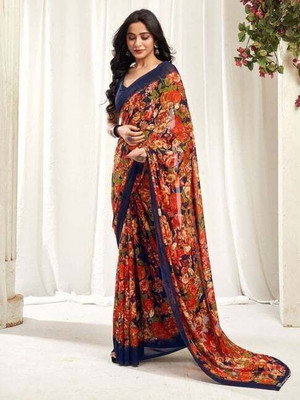VASTRAVEDAA Floral Print Daily Wear Georgette Saree(Red, Orange)