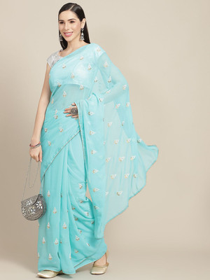 ANOUK Embroidered Saree with Attached Blouse Georgette Saree(Green)