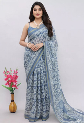 Saran Geometric Print Jamdani Art Silk, Cotton Blend Saree(Multicolor)