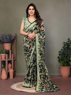 DreamVilla Floral Print, Printed Daily Wear Chiffon Saree(Cream)