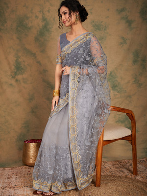 Divastri Embroidered Chanderi Net Saree(Grey)