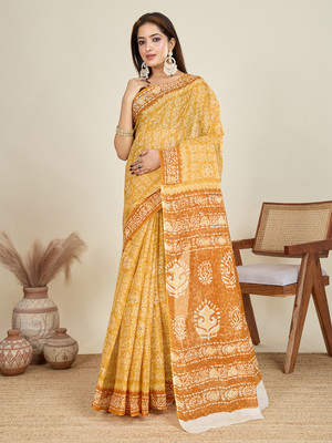 Jevi Prints Printed Hand Batik Pure Cotton Saree(Yellow)