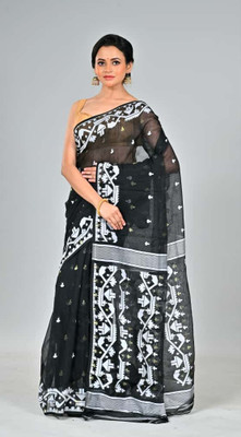 Mondal Saree Centre Printed Jamdani Cotton Silk Saree(Black)