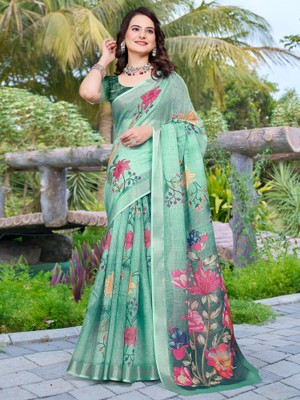 Anouk Rustic Digital Print Hand Batik Cotton Linen Saree(Light Green)