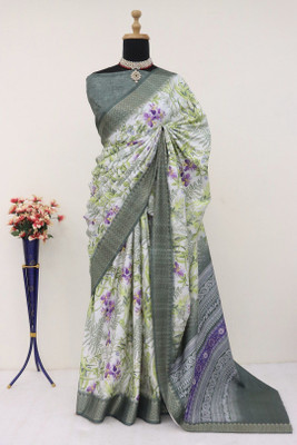 Laxmi Fashion Printed, Floral Print Assam Silk Jacquard, Cotton Silk Saree(Grey, Multicolor)