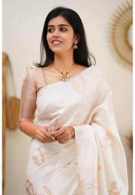 Murta Trends Embellished, Woven, Self Design Kanjivaram Jacquard, Silk Blend Saree(White)