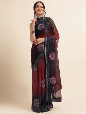 FABMORA Digital Print, Embellished, Embroidered Bollywood Lycra Blend Saree(Maroon)