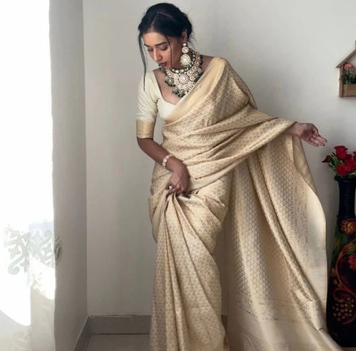 HouseOfCommon Striped Banarasi Pure Silk Saree(White)