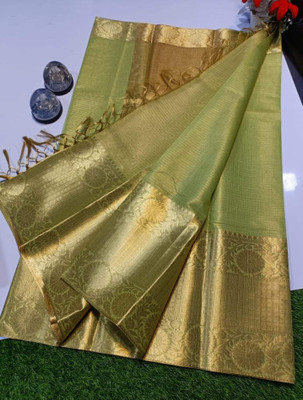NZSilk Woven, Solid/Plain Banarasi Tissue Saree(Green)
