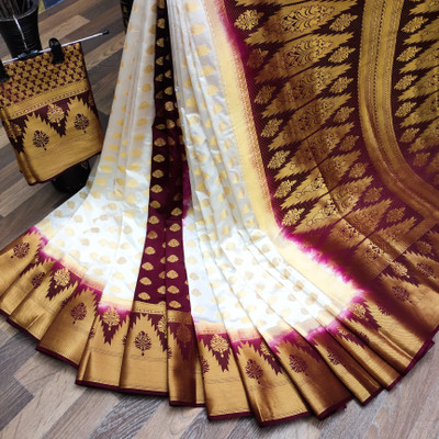 Zinsy Creation Woven Kanjivaram Nylon Saree(White, Maroon)