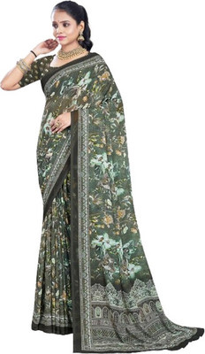 sarees Digital Print, Floral Print Daily Wear Cotton Jute Saree(Dark Green)