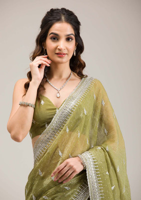 KOSKII Embroidered Bollywood Tissue Saree(Green)