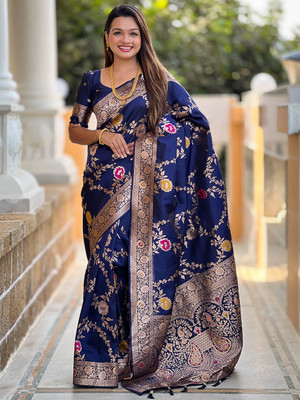 Nayanthara Trends Printed, Floral Print Banarasi Silk Blend Saree(Blue)
