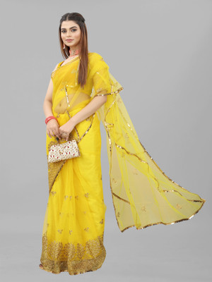 Yashakti Designer Embroidered Bollywood Net Saree(Yellow)