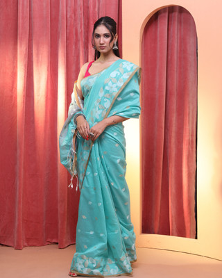 Indethnic Woven Jamdani Cotton Blend Saree(Light Blue)