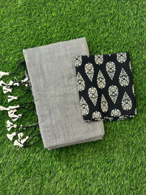 SMRITI HANDLOOM Printed Kalamkari Handloom Pure Cotton Saree(Grey, Black)