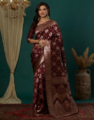 Samah Woven, Embellished Kanjivaram Silk Blend, Jacquard Saree(Maroon)