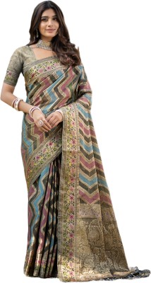 ishika fab Woven, Geometric Print Banarasi Organza Saree(Grey)