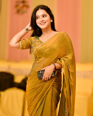 HouseOfCommon Embroidered Bollywood Chiffon Saree(Mustard)