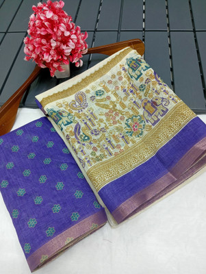 HouseOfCommon Floral Print Kanjivaram Linen, Cotton Linen Saree(Blue, White)
