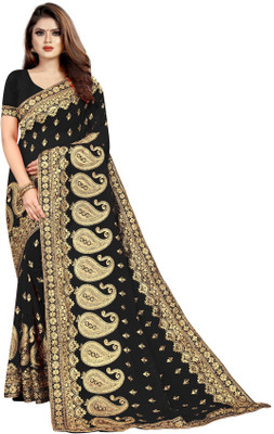 b bella creation Self Design, Embroidered Bollywood Georgette Saree(Black, Gold)
