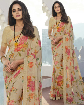 BLEESBURY Printed Bollywood Georgette, Chiffon Saree(Cream)