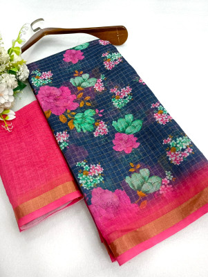 Saaransh Floral Print Kanjivaram Linen, Cotton Silk Saree(Multicolor)