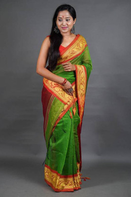 Joyguru Textile Woven Handloom Cotton Silk Saree(Light Green)
