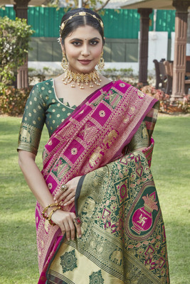 SellZone Blocked Printed Banarasi Cotton Silk, Jacquard Saree(Magenta)