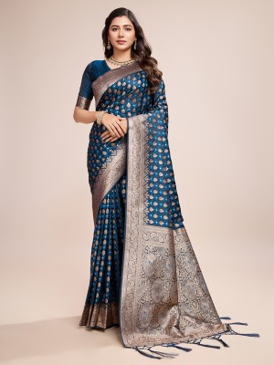 SHRIMAY Woven Banarasi Satin, Pure Silk Saree(Beige, Dark Blue)