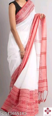 SMRITI HANDLOOM Solid/Plain Handloom Cotton Blend Saree(White)