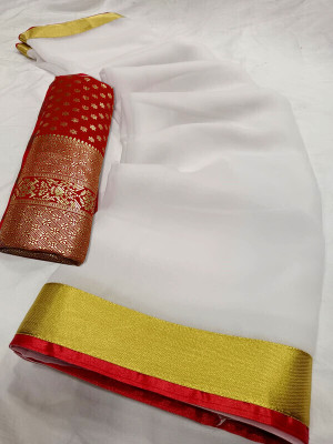 Sareez House Solid/Plain, Embellished Bollywood Georgette Saree(White)