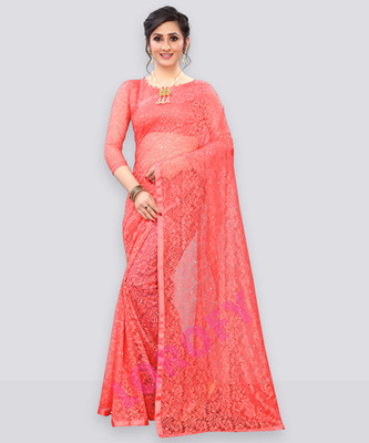 LOROFY Self Design Bollywood Net Saree(Pink)